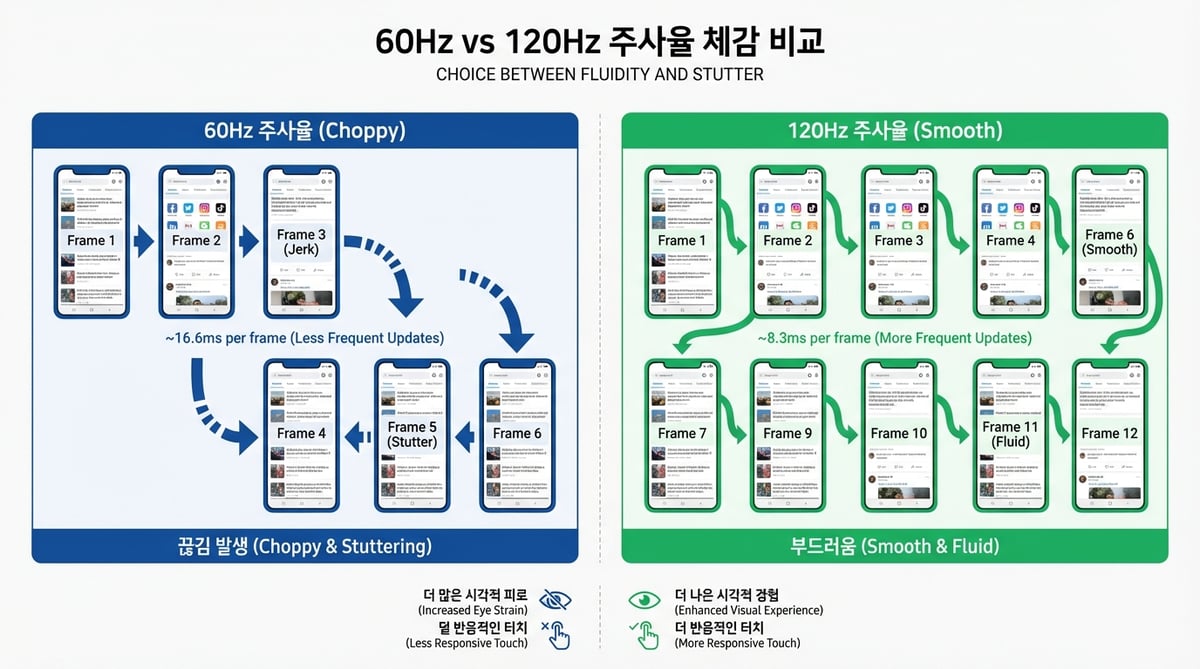 60Hz와 120Hz 주사율 차이를 보여주는 스크롤 비교 인포그래픽, 아이폰 17e의 60Hz 고정과 갤럭시 S25 FE의 120Hz 비교