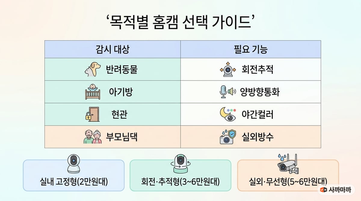 반려동물, 아기방, 현관, 부모님 댁 등 감시 대상별로 필요한 회전추적, 양방향통화, 야간컬러, 실외방수 기능과 실내 고정형, 회전추적형, 실외무선형 가격대를 정리한 인포그래픽입니다.