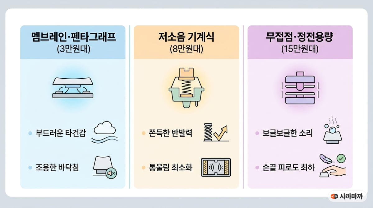 멤브레인, 저소음 기계식, 무접점 키보드의 소리 성격과 타건감, 그리고 제품별 가격대를 3단계로 나누어 직관적으로 비교한 깔끔하고 모던한 디자인의 인포그래픽 표입니다.