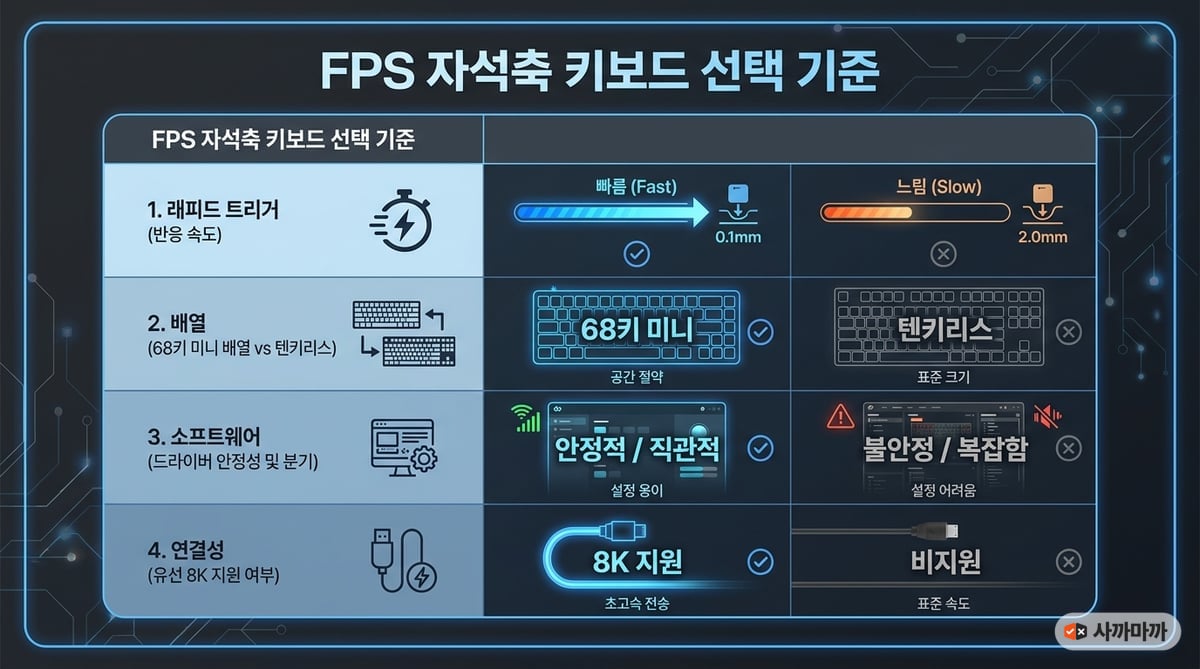 FPS 게임용 자석축 키보드를 고를 때 핵심이 되는 4가지 기준인 래피드 트리거 성능, 키보드 배열, 소프트웨어 안정성, 연결성을 한눈에 보여주는 깔끔한 인포그래픽입니다.