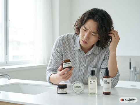 남자 미디움 파마머리를 한 남성이 컬크림, 왁스, 웻오일, 헤어에센스 네 가지 스타일링제 앞에서 무엇을 발라야 할지 고민하는 모습