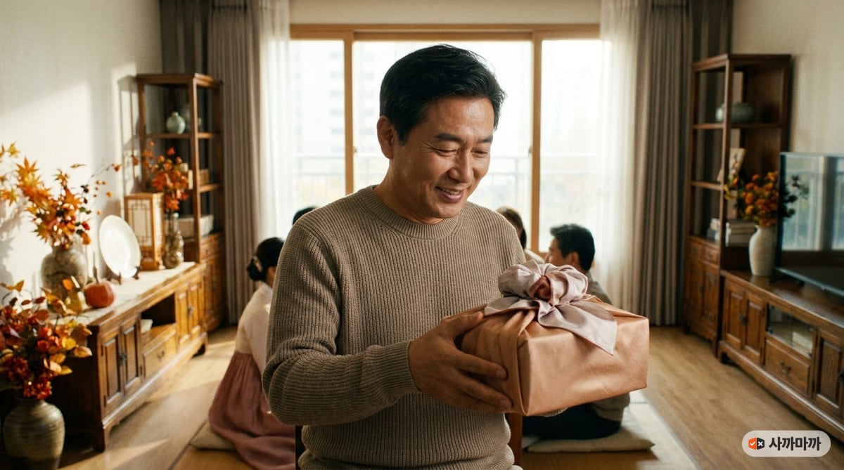 따뜻한 분위기의 거실에서 50~60대 한국인 아버지가 단정한 니트 차림으로 전통 보자기 포장의 추석 선물을 들고 은은하고 인자한 미소를 짓고 있는 감성적인 라이프스타일 사진입니다.