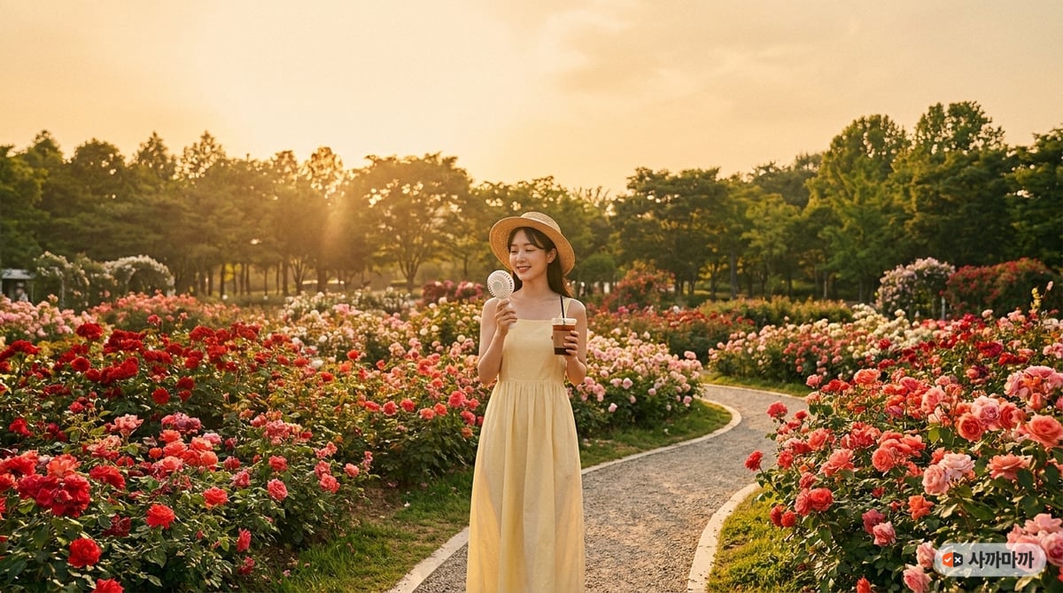 5월 장미정원을 걷는 여성, 손풍기를 들고 있는 모습