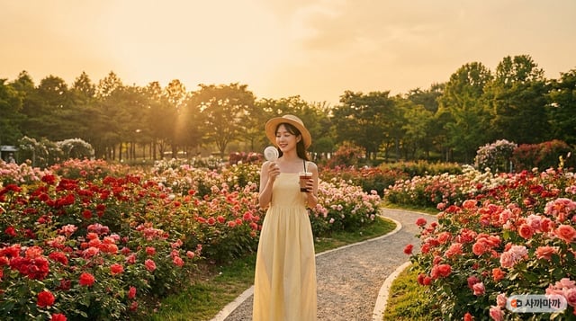 5월 장미정원을 걷는 여성, 손풍기를 들고 있는 모습