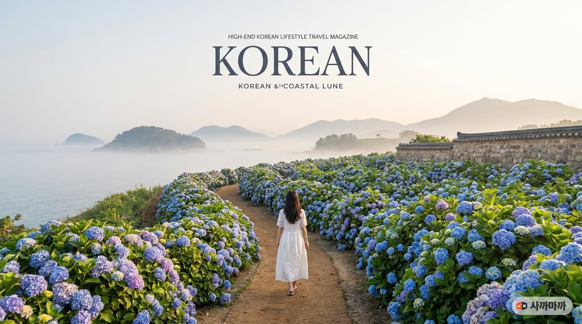 6월 수국 로드트립 — 해안 수국길을 걷는 여성
