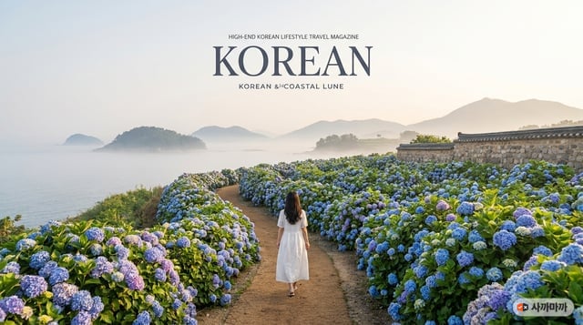 6월 수국 로드트립 — 해안 수국길을 걷는 여성