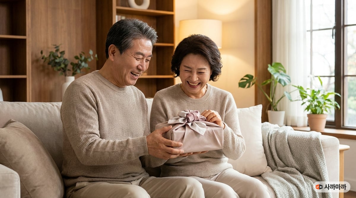 60대 한국인 장모님과 장인어른이 거실에 앉아 사위가 준비한 추석 선물을 받으며 환하게 웃고 있는 따뜻한 분위기의 라이프스타일 사진입니다.