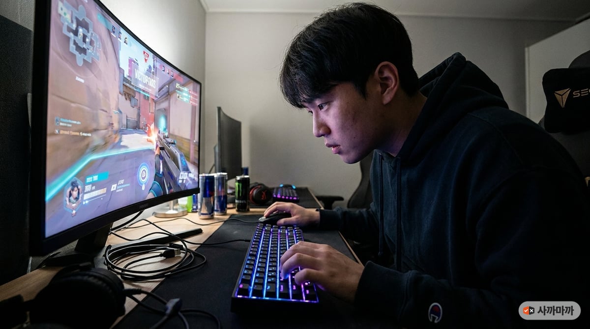 2030 한국인 게이머가 어두운 방에서 화려한 RGB 조명의 68키 미니 배열 자석축 키보드를 사용해 FPS 게임에 집중하고 있는 역동적인 모습입니다.