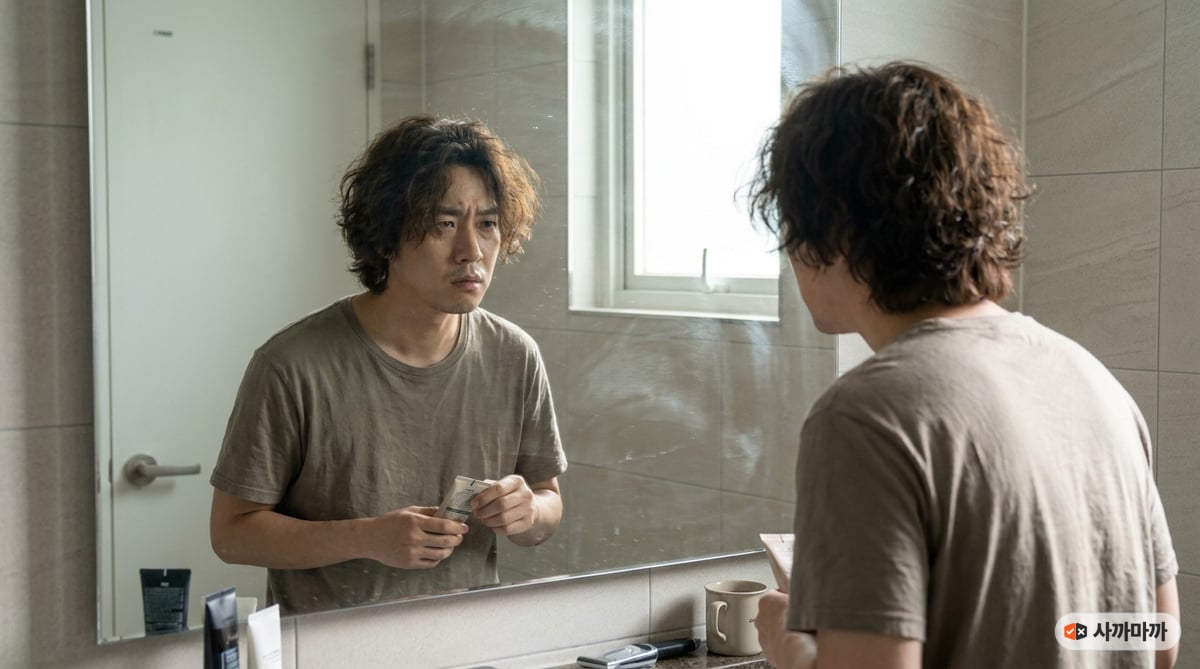 아침 거울 앞에서 부스스하게 뜬 파마머리를 보는 남성. 미용실 컬이 집에서는 나오지 않는 상황
