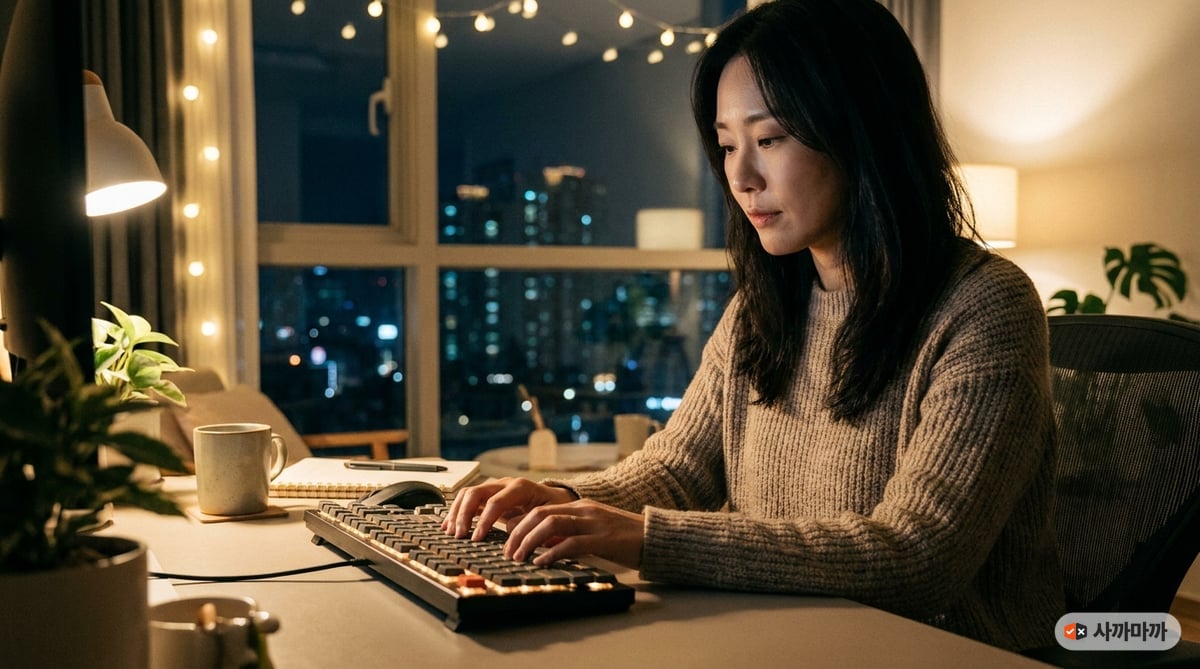 30대 한국인 직장인이 늦은 밤 사무실 책상에 앉아 무소음 키보드를 사용해 업무에 집중하고 있는 모습입니다. 타건 소음과 손끝 피로도가 적어 편안하고 여유로운 표정을 짓고 있습니다.