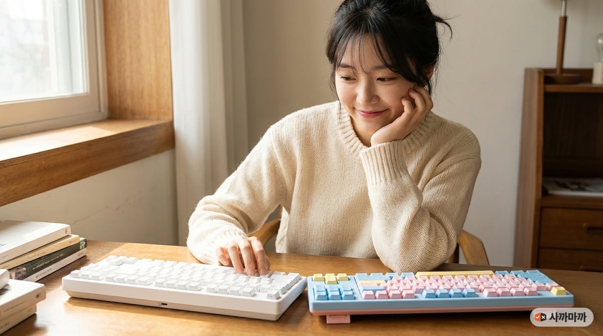 두 대의 기계식 키보드 사이에서 고민하는 여성