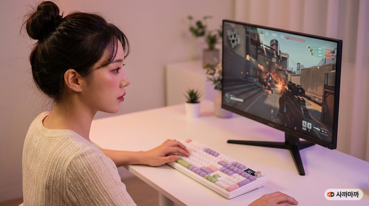 아콘 AK74 풀배열 키보드로 FPS 게임을 하는 모습