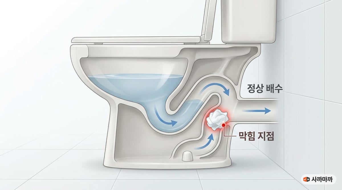 S자 트랩과 휴지가 걸리는 지점을 강조한 양변기 단면도