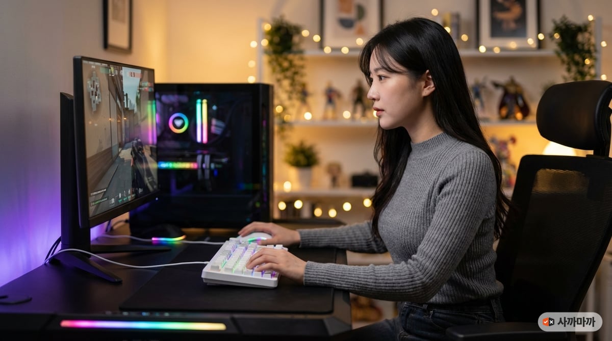 AULA 독거미 F108 Pro 풀배열 기계식 키보드로 게이밍하는 모습