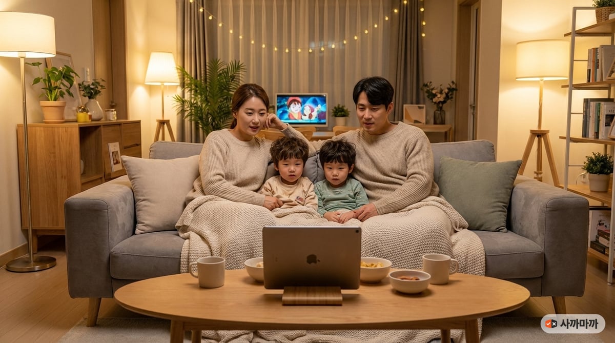 거실 소파에서 가족이 함께 아이패드로 영상을 보는 모습