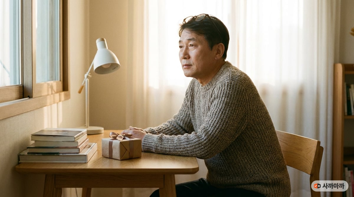 서재에서 선물을 받는 60대 한국 아빠, 독서등과 책이 있는 은퇴기 감성