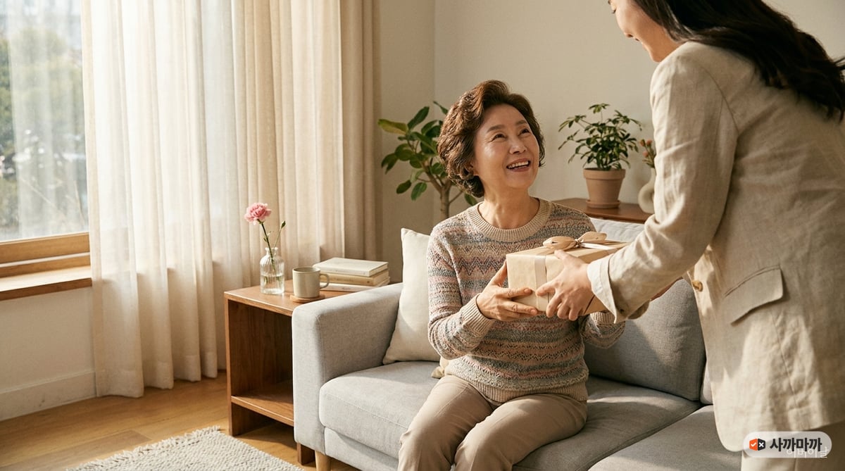 어버이날 엄마에게 선물 상자를 전하는 딸의 따뜻한 거실 장면, 60대 한국 엄마와 카네이션