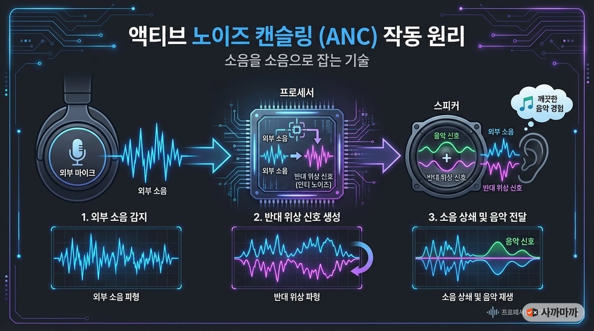 ANC 노이즈캔슬링 작동 원리를 보여주는 인포그래픽. 외부 소음 파형과 역위상 파형이 만나 상쇄되는 과정을 시각화
