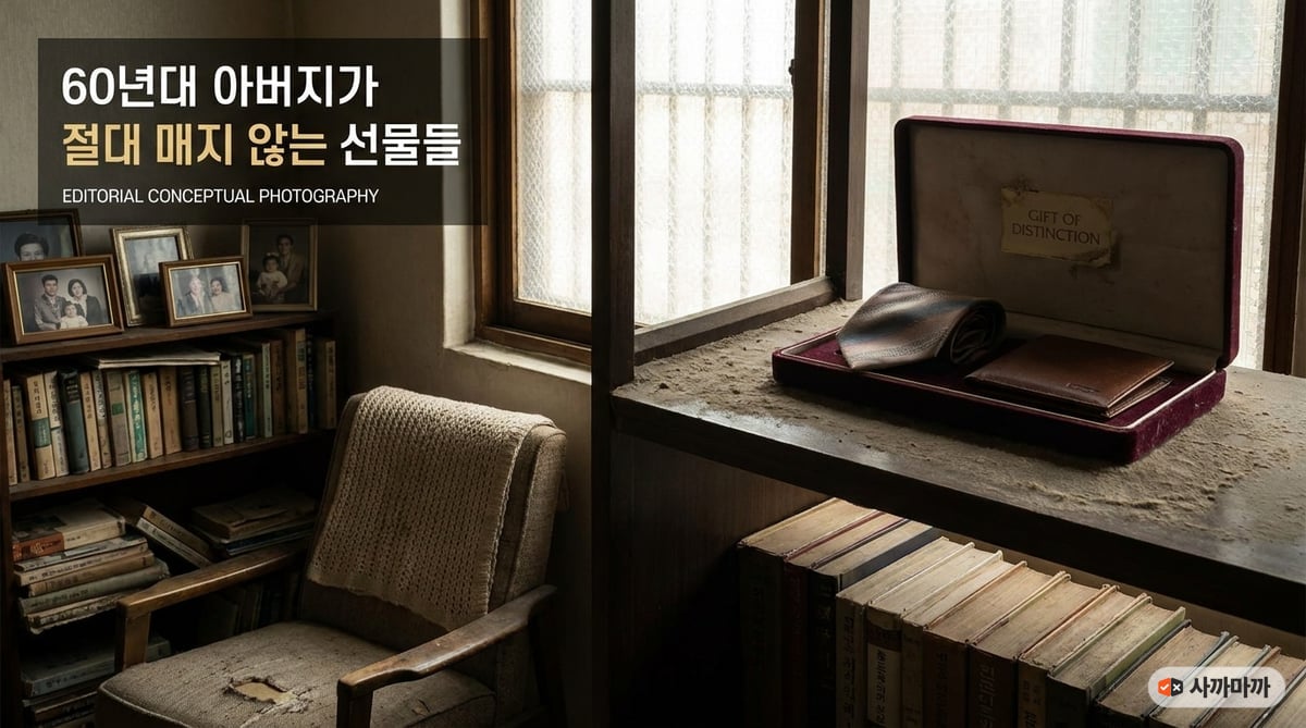 먼지 쌓인 넥타이와 지갑 세트가 서재 선반 위에 놓여있는 60대 아빠 선물 실패 컨셉