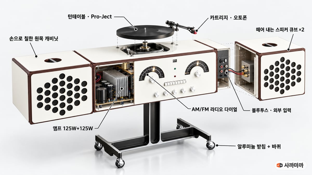 브리온베가 라디오포노그라포 RR226 해부도 — 턴테이블 Pro-Ject, 카트리지 오토폰, AM/FM 라디오 다이얼, 앰프 125W+125W, 떼어 내는 스피커 큐브 2개, 블루투스·외부 입력, 손으로 칠한 원목 캐비닛, 알루미늄 받침과 바퀴