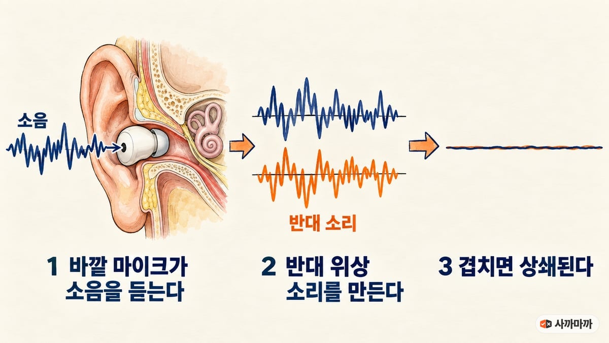 귀에 꽂힌 무선 이어폰의 바깥 마이크로 남색 소음 물결이 들어오고, 주황색 반대 위상 물결이 만들어져 둘이 겹치면 거의 평평한 선이 되는 3단계 핸드드로잉 설명도