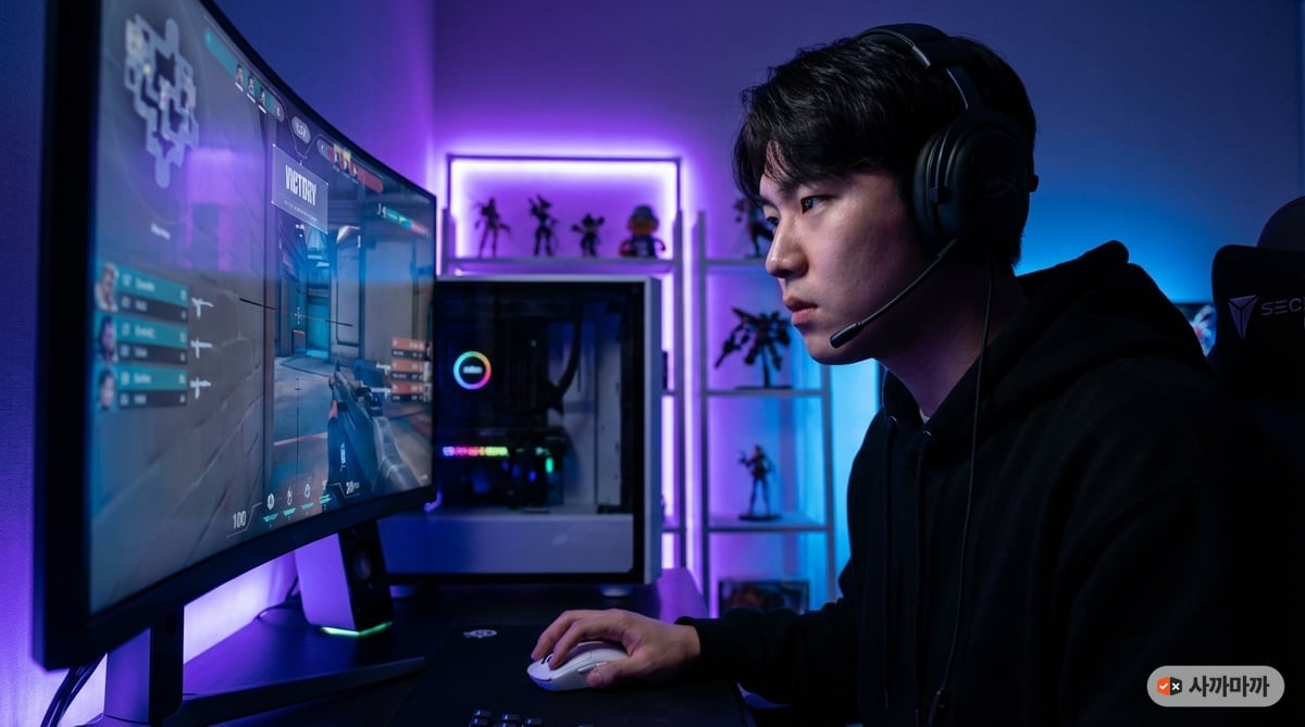 야간 게이밍 셋업에서 무선 마우스를 잡고 FPS 게임에 집중하는 한국인 게이머