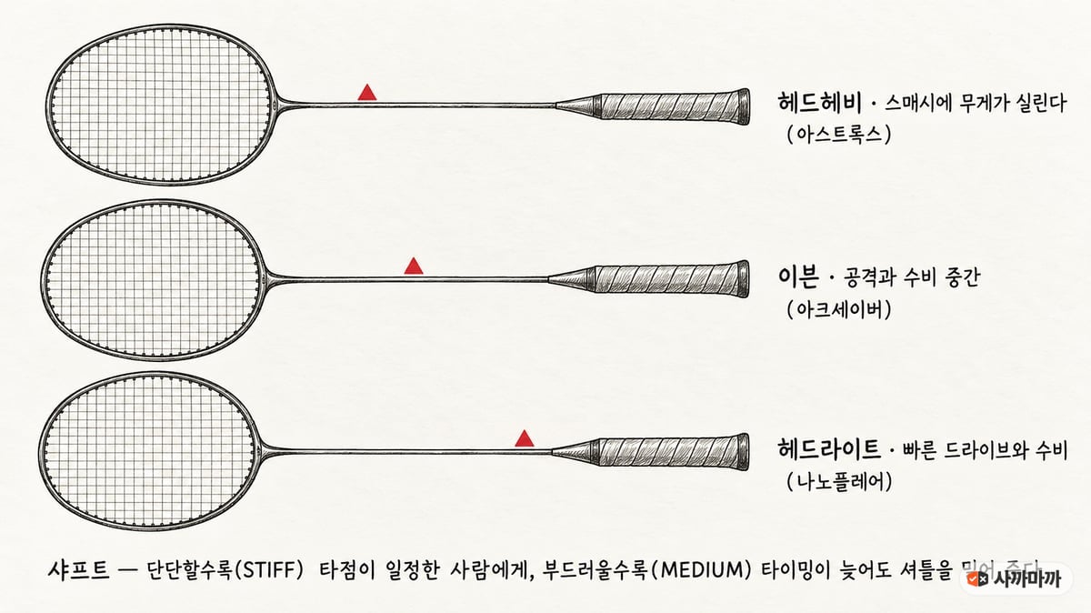 헤드헤비·이븐·헤드라이트 라켓 세 자루의 무게 중심을 빨간 삼각형으로 표시한 손그림 설명도