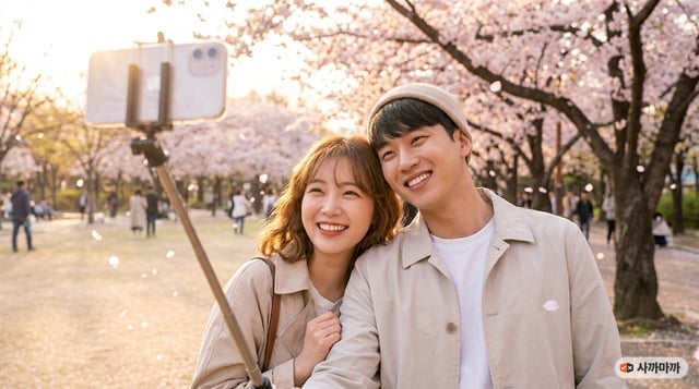 벚꽃 아래에서 셀카봉으로 사진 찍는 남녀 커플