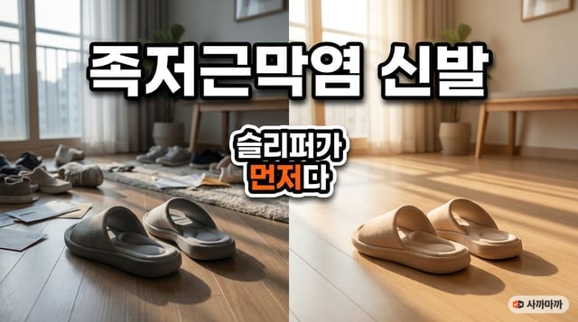 족저근막염 신발 선택을 다룬 대표 이미지 — 아치가 보이는 기능성 실내 슬리퍼의 전후 비교