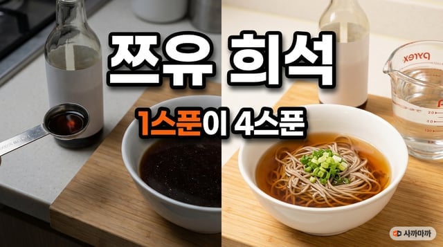 희석하지 않아 너무 진한 쯔유 국물과 제대로 희석해 맑게 완성된 소바 국물을 좌우로 비교한 썸네일