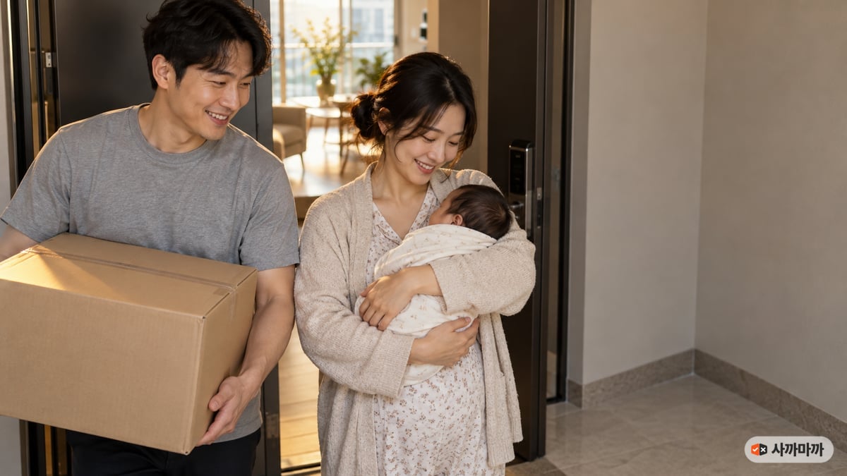 아파트 현관에서 신생아를 안은 엄마 옆으로 아빠가 도착한 택배 상자를 들여오는 장면