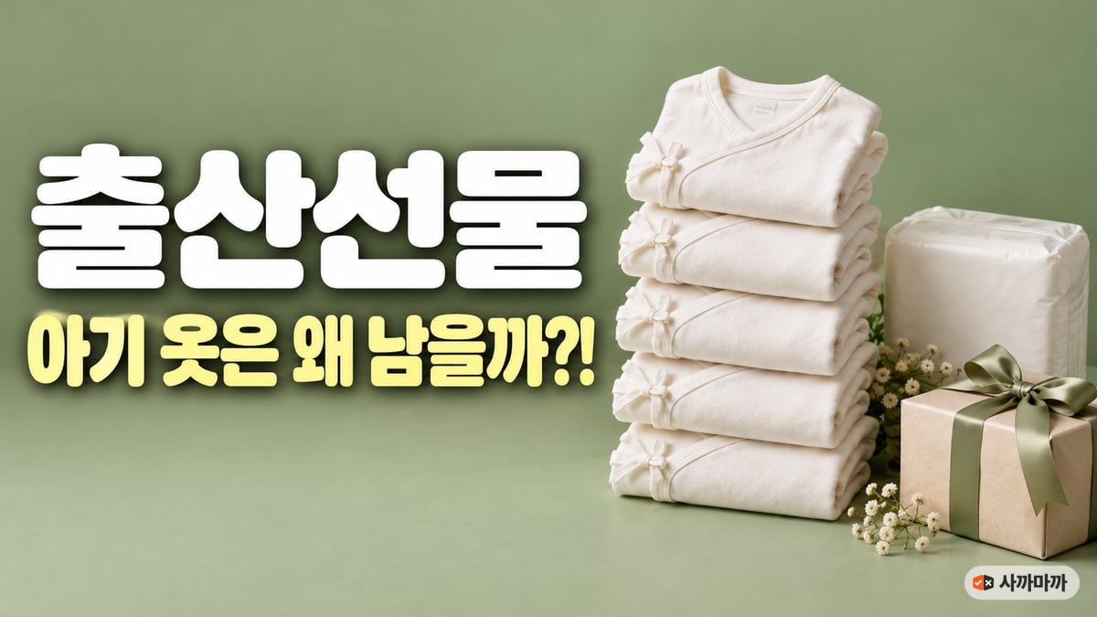 세이지 그린 배경에 흰 배냇저고리 다섯 벌이 쌓여 있고 기저귀 팩과 선물 상자 옆에 「출산선물 아기 옷은 왜 남을까?!」 문구가 적힌 썸네일