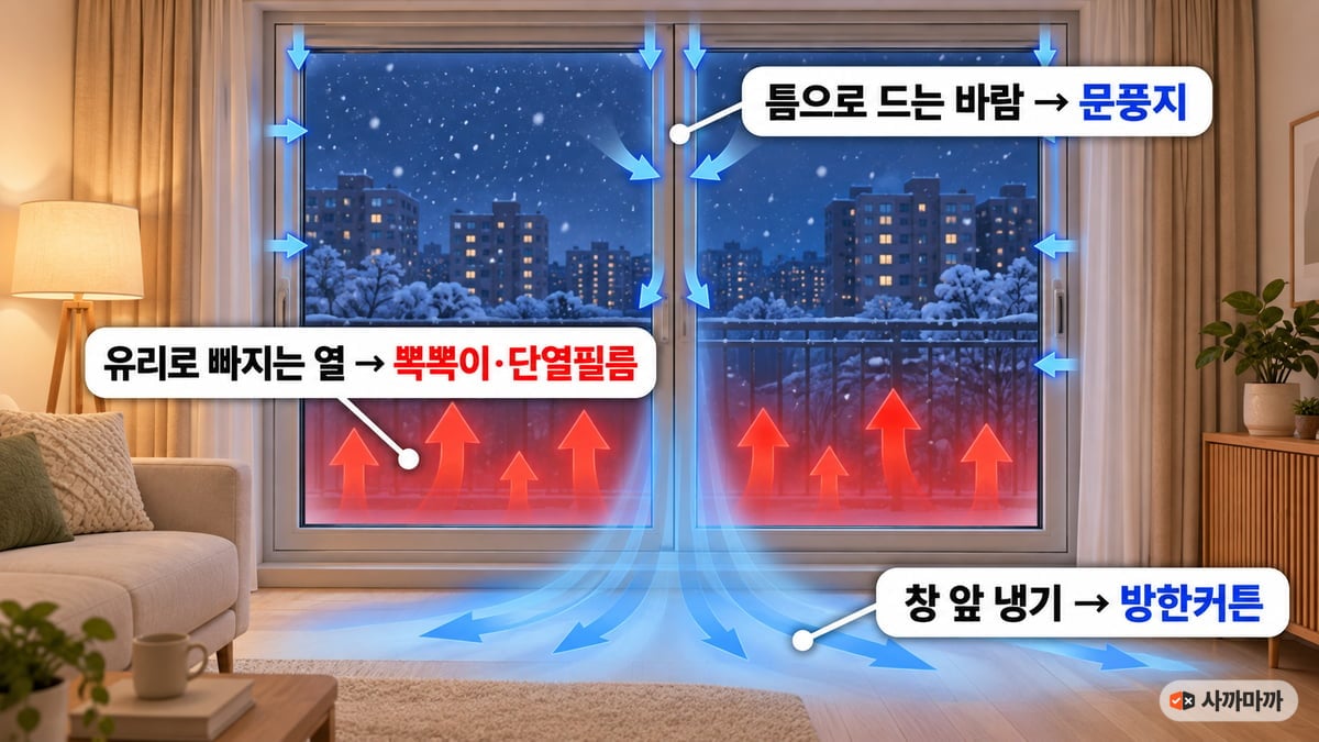 겨울 밤 아파트 거실 미닫이 창 인포그래픽. 유리 아랫부분으로 빠지는 열은 뽁뽁이·단열필름, 가운데 틈과 창틀로 드는 바람은 문풍지, 창 앞 바닥으로 흐르는 냉기는 방한커튼으로 막는다는 설명