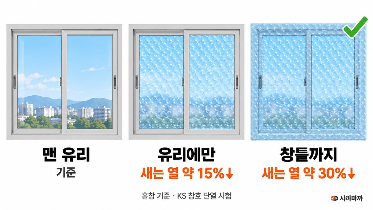 창문 세 개 비교 인포그래픽. 맨 유리는 기준, 유리에만 뽁뽁이를 붙이면 새는 열 약 15% 감소, 창틀까지 덮어 붙이면 새는 열 약 30% 감소, 홑창 기준 KS 창호 단열 시험