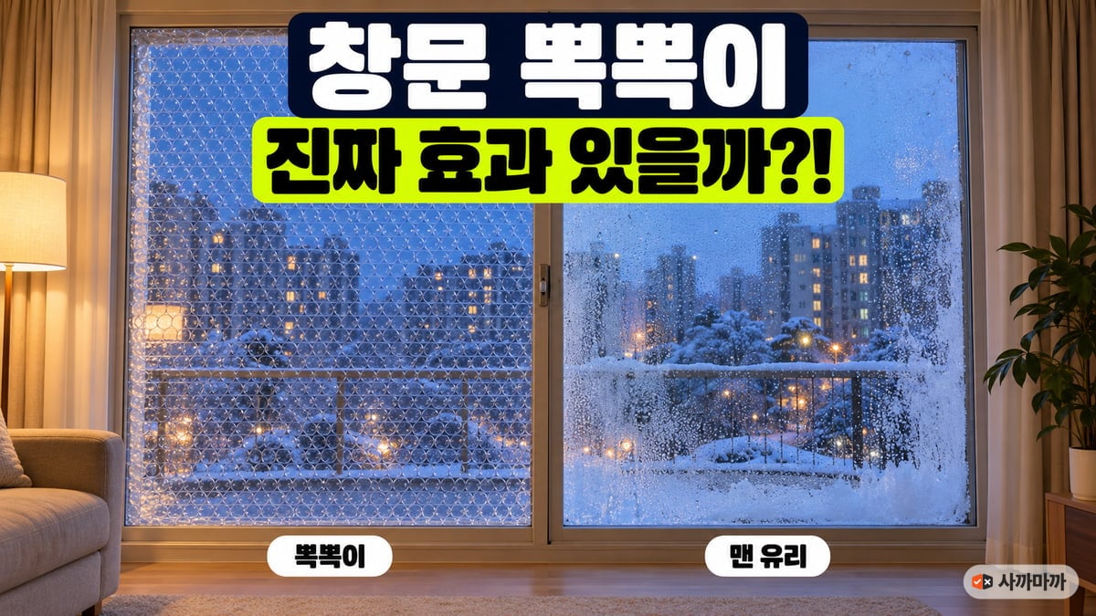 겨울 저녁 거실 미닫이 창의 왼쪽 유리에는 단열 뽁뽁이가 창틀까지 붙어 있고 오른쪽 맨 유리에는 성에와 물방울이 맺힌 모습, '창문 뽁뽁이 진짜 효과 있을까?!' 문구