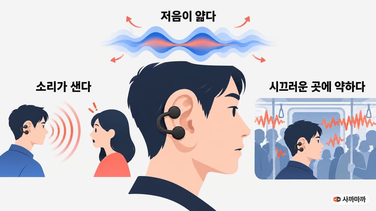 오픈형 이어폰이 내주는 세 가지: 소리가 샌다, 저음이 얇다, 시끄러운 곳에 약하다