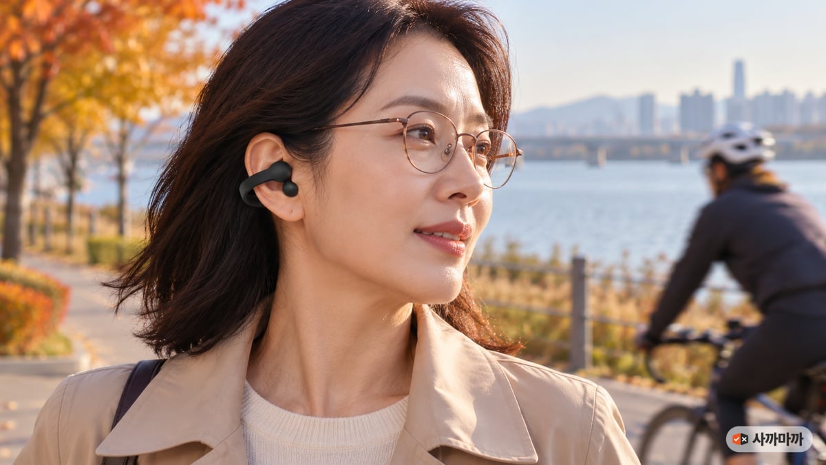 가을 한강 산책로에서 안경을 쓰고 클립형 이어폰을 귀에 건 40대 한국인 여성 옆으로 자전거가 지나가는 장면
