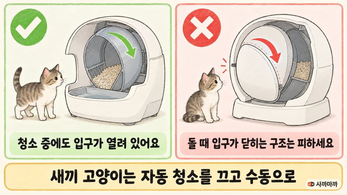 고양이 자동화장실 안전 구조 비교 그림: 청소 중에도 입구가 열려 있는 구조는 괜찮고, 돌 때 입구가 닫히는 구조는 피하세요, 새끼 고양이는 자동 청소를 끄고 수동으로