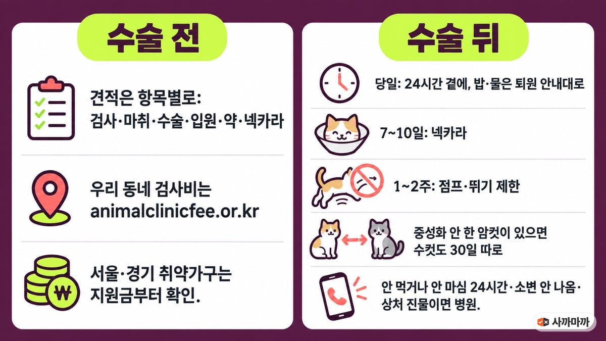 고양이 중성화 전후 체크리스트: 수술 전 견적은 항목별로(검사·마취·수술·입원·약·넥카라), 우리 동네 검사비는 animalclinicfee.or.kr, 서울·경기 취약가구는 지원금부터 확인 / 수술 뒤 당일 24시간 곁에·밥과 물은 퇴원 안내대로, 7~10일 넥카라, 1~2주 점프·뛰기 제한(기간은 병원 지시대로), 중성화 안 한 암컷이 있으면 수컷도 30일 따로, 24시간 넘게 안 먹거나 안 마심·소변 안 나옴·상처 진물이면 병원