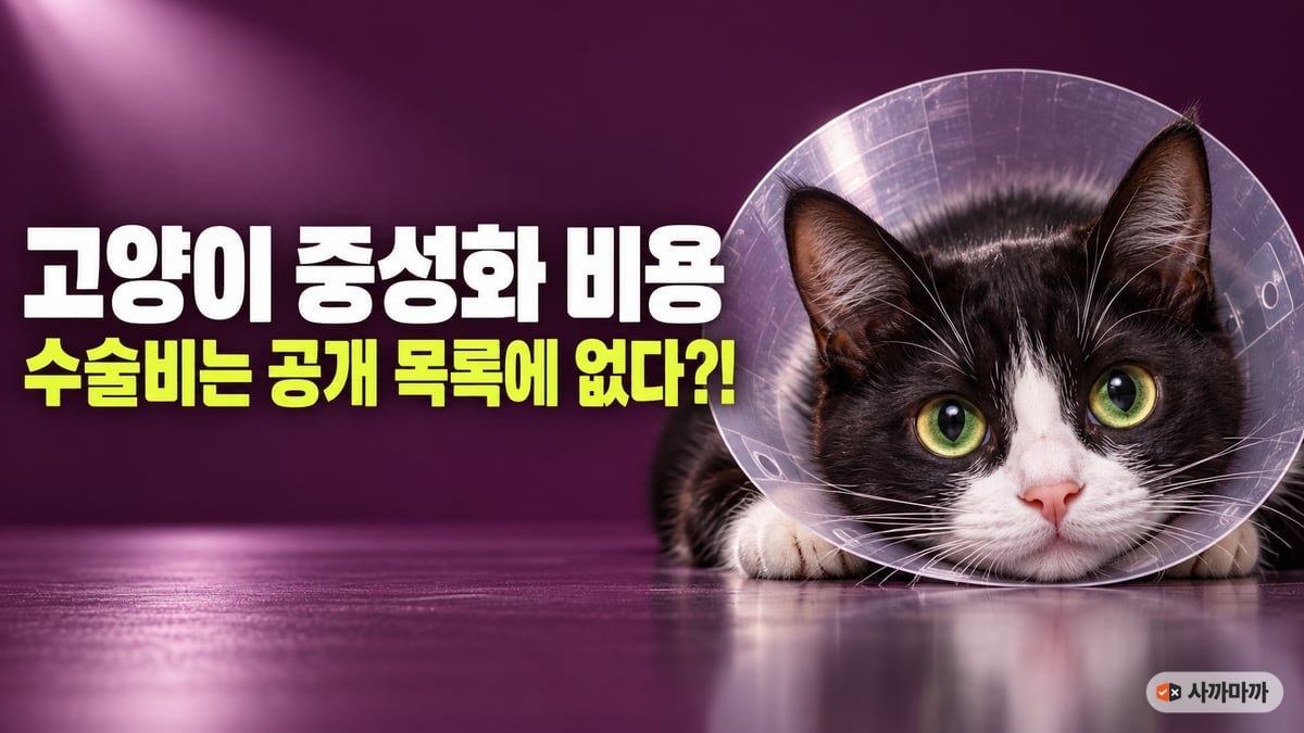 투명한 플라스틱 넥카라를 쓴 턱시도 고양이가 바닥에 엎드려 올려다보는 모습, 고양이 중성화 수술비는 공개 진료비 목록에 없다