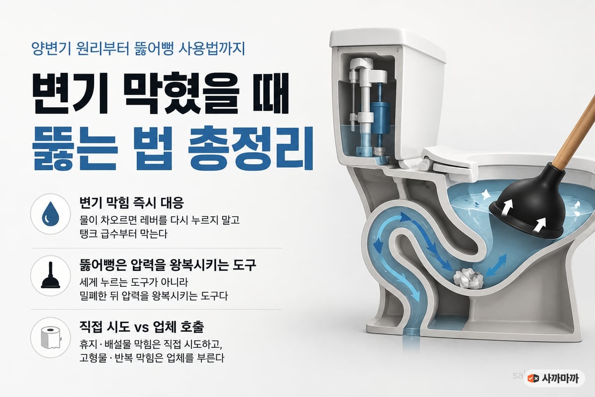 양변기 단면으로 보는 변기 막힘 원리와 뚫어뻥 사용법