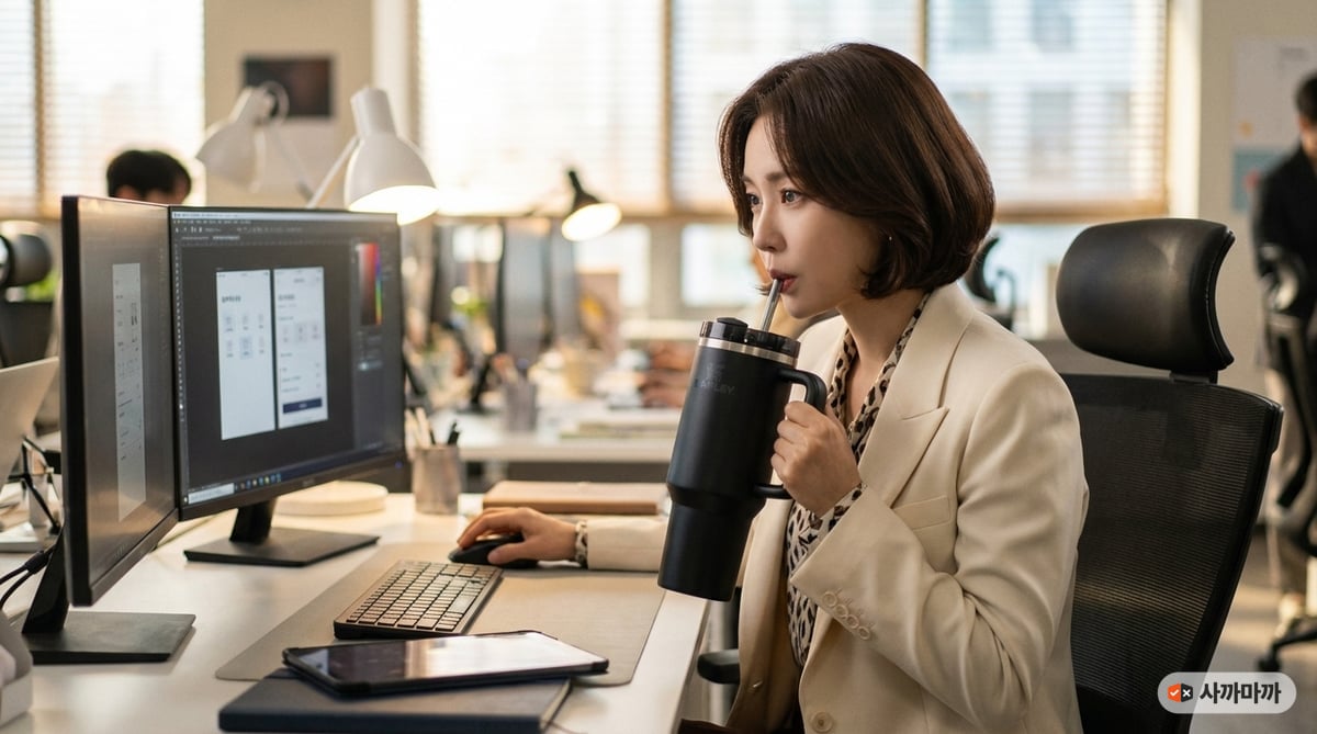 오후 사무실에서 모니터를 보며 책상 위 대용량 텀블러의 빨대로 물을 마시는 직장인 여성