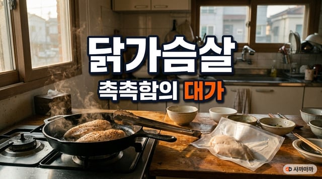 새벽 부엌에서 무쇠팬에 닭가슴살 두 덩이를 굽는 장면과 옆에 뜯어놓은 스팀 닭가슴살 진공포장