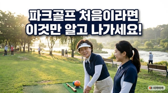 강변 파크골프장에서 파크골프채를 잡고 웃는 60대 여성과 옆에 선 동반자