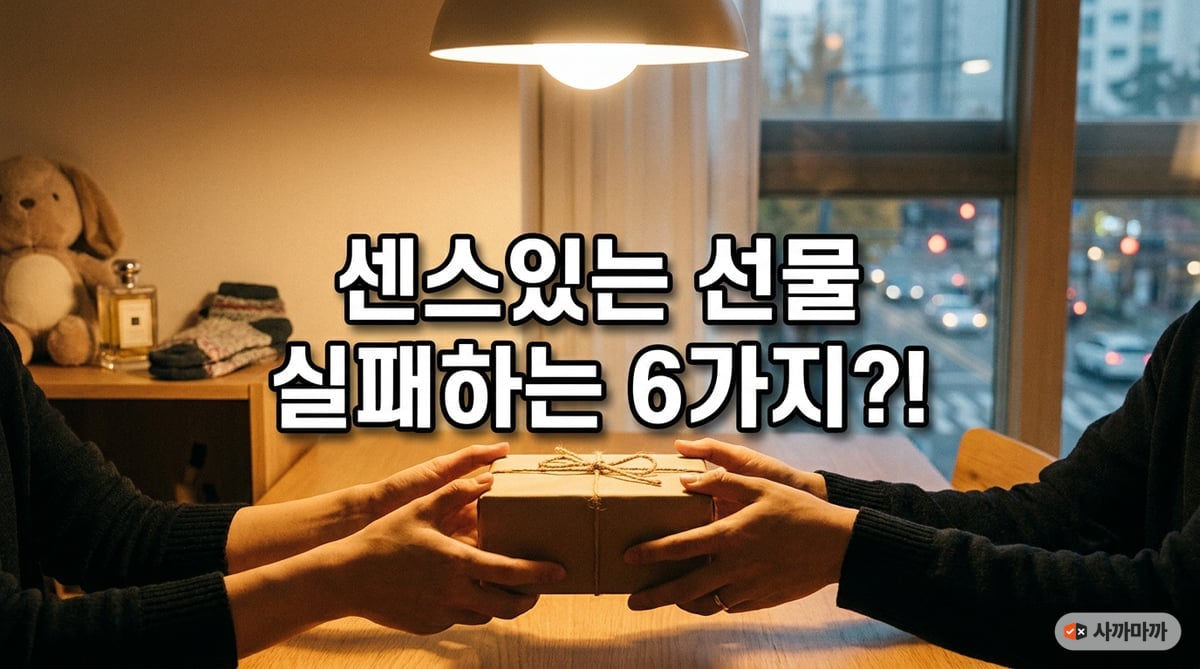 저녁 식탁에서 두 사람이 리본 묶은 선물 상자를 주고받는 손, 뒤편 선반에 인형과 향수와 양말