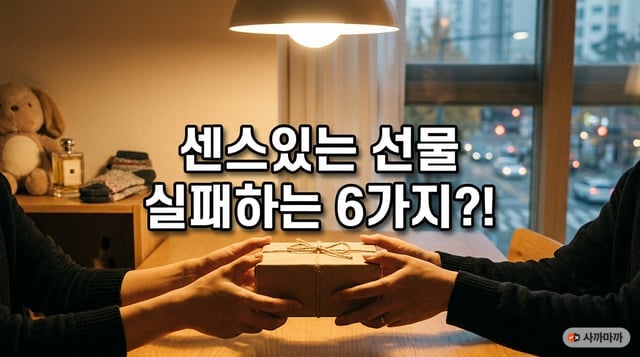 저녁 식탁에서 두 사람이 리본 묶은 선물 상자를 주고받는 손, 뒤편 선반에 인형과 향수와 양말