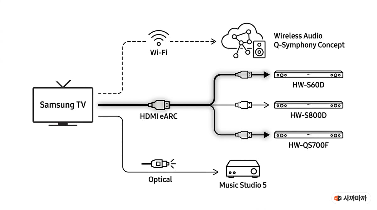 삼성 TV와 사운드바 HDMI eARC Wi-Fi 옵티컬 연결 구조