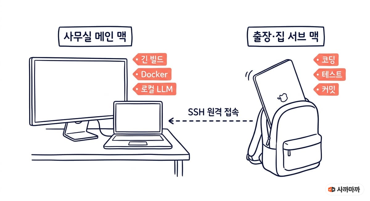 사무실 메인 맥은 긴 빌드·Docker·로컬 LLM, 출장·집 서브 맥은 코딩·테스트·커밋을 맡고 SSH 원격 접속으로 연결하는 구성도