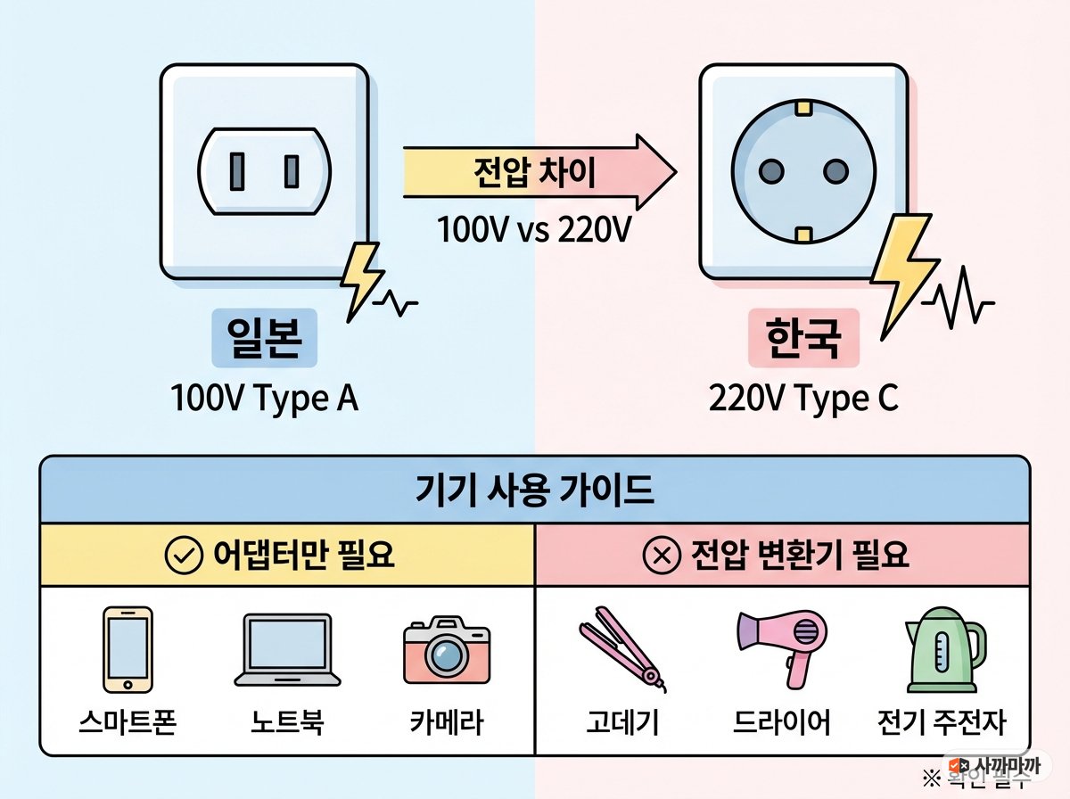 일본 100V vs 한국 220V 전압 차이 비교 인포그래픽 — 프리볼트 기기와 220V 전용 기기 구분표
