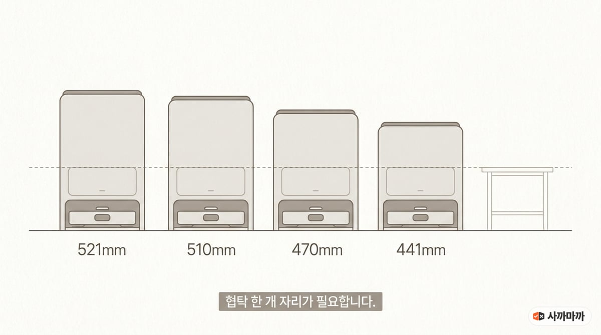 네 로봇청소기 스테이션의 높이를 상대 축척으로 비교한 인포그래픽